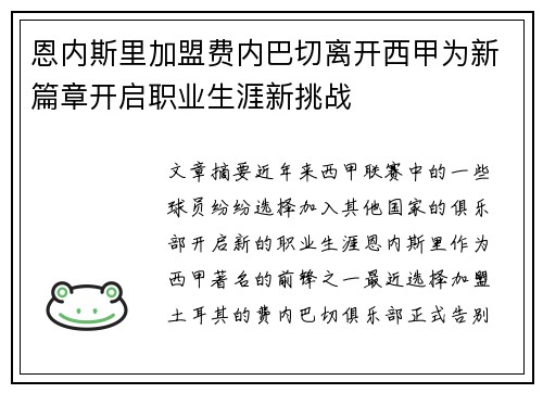 恩内斯里加盟费内巴切离开西甲为新篇章开启职业生涯新挑战